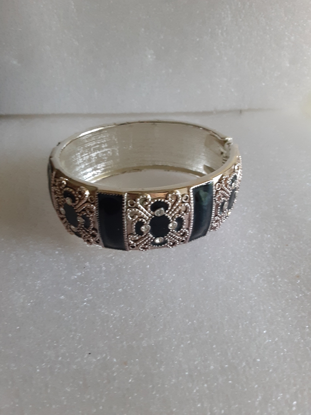Silver-Tone Black Inlay Filigree Bangle Bracelet With Rhinestones